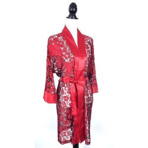 Victoria's Secret Vintage 90s Gold Label Red Floral Lace & Satin Robe One Size